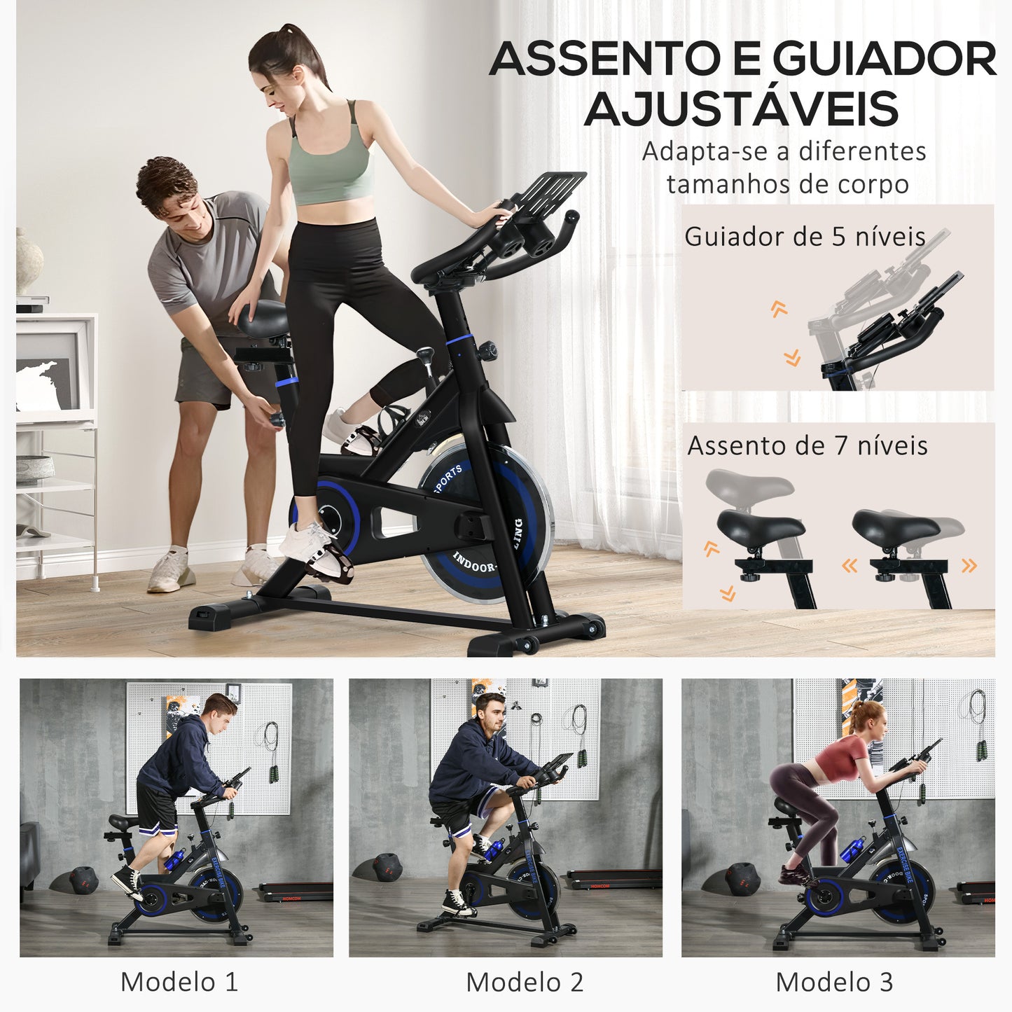 HOMCOM Bicicleta Estática com Resistência Ajustável Bicicleta Estática Fitness com Volante de Inércia 8 kg Ecrã LCD Guiador e Assento Ajustáveis para Casa Ginásio 103x53x110-114 cm Azul