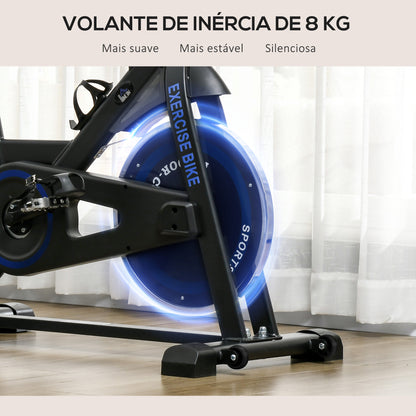 HOMCOM Bicicleta Estática com Resistência Ajustável Bicicleta Estática Fitness com Volante de Inércia 8 kg Ecrã LCD Guiador e Assento Ajustáveis para Casa Ginásio 103x53x110-114 cm Azul