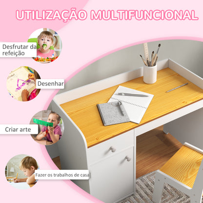 ZONEKIZ Conjunto de Secretária e Cadeira para Crianças Secretária Infantil com Cadeira Conjunto Infantil de 2 Peças com Gaveta e Armário para Quarto Sala Branco e Natural