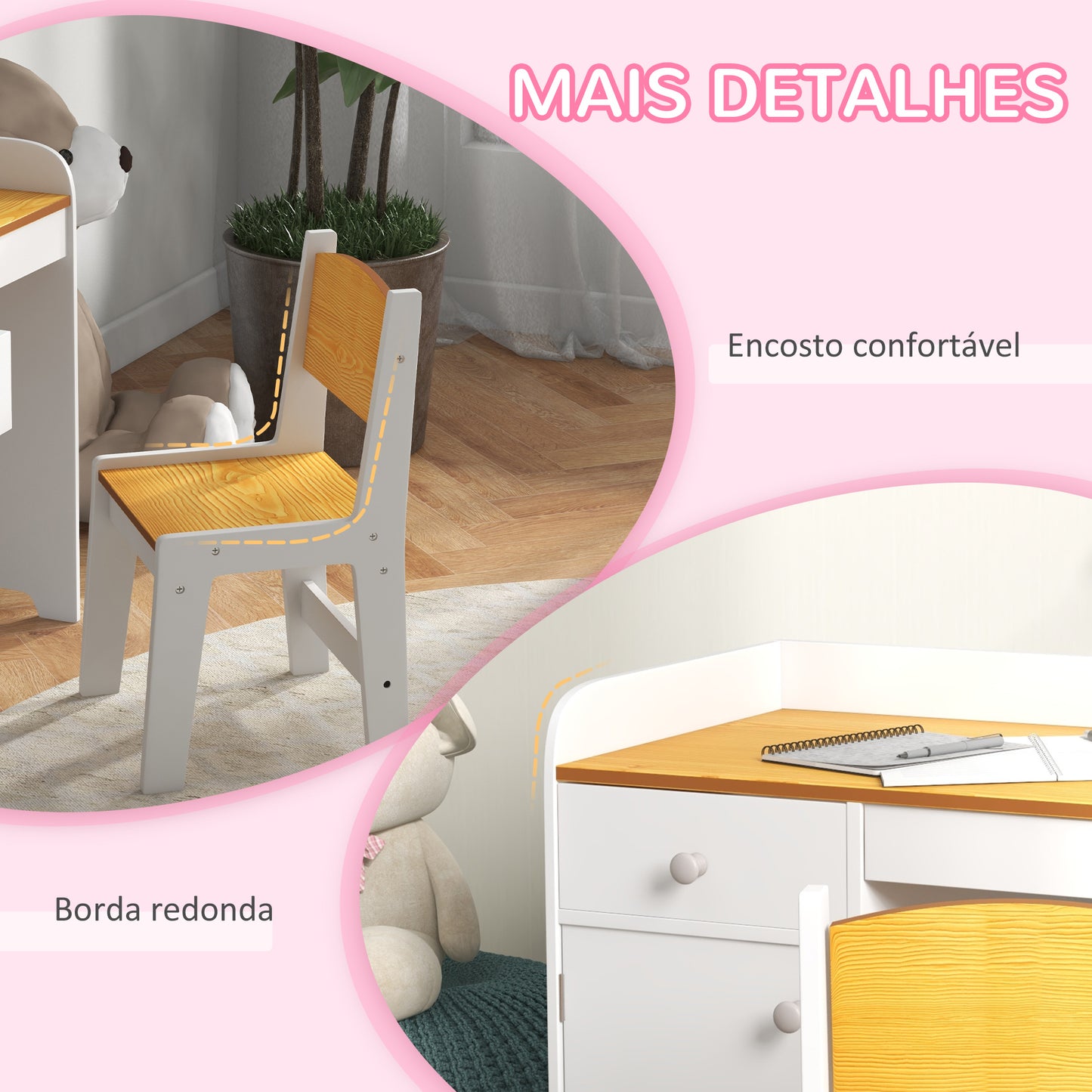 ZONEKIZ Conjunto de Secretária e Cadeira para Crianças Secretária Infantil com Cadeira Conjunto Infantil de 2 Peças com Gaveta e Armário para Quarto Sala Branco e Natural