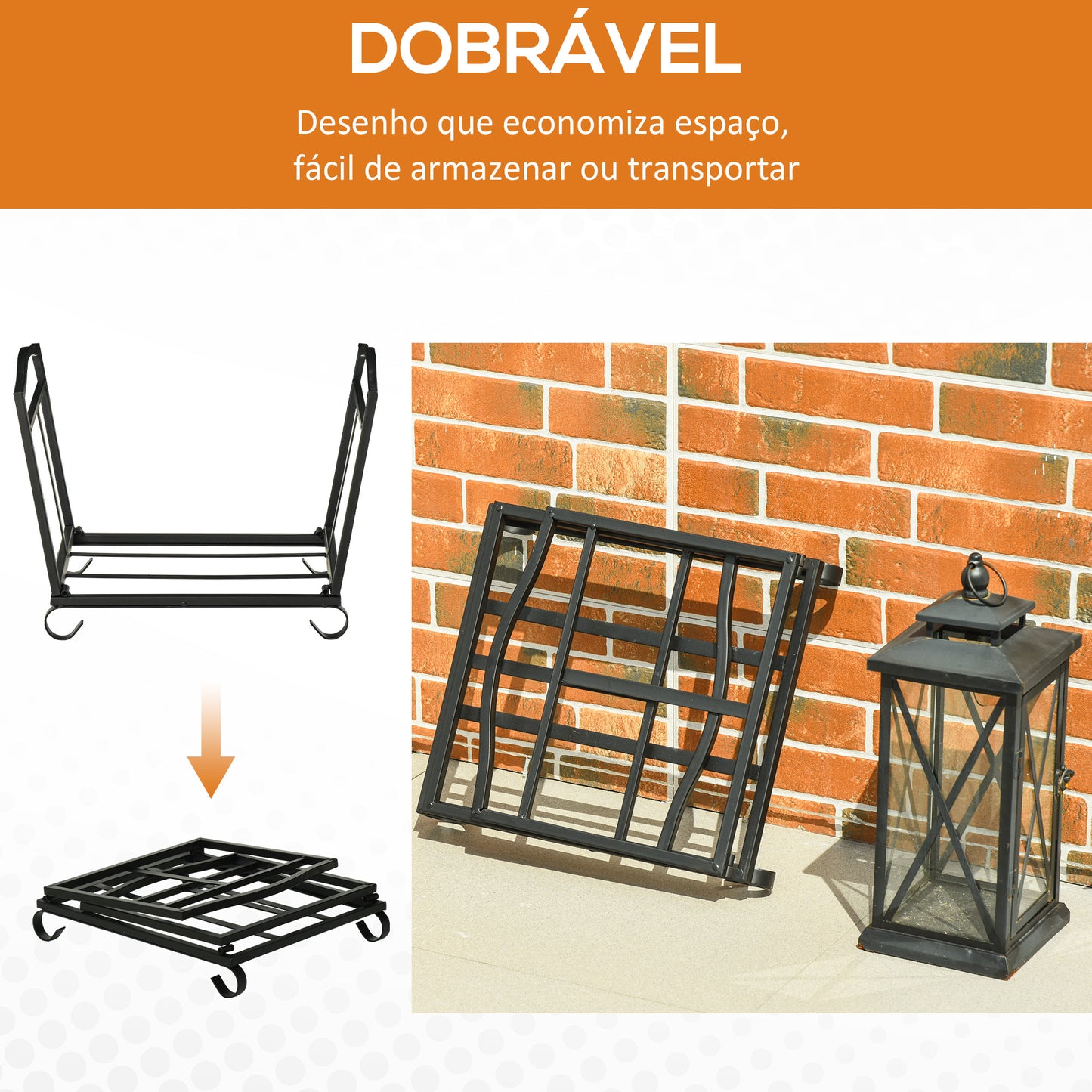 Outsunny Suporte para Lenha Dobrável Porta Lenha Interior e Exterior Metálico com Grade e Base Elevada Carga Máxima 50kg 48x34x37cm Preto