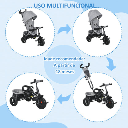 HOMCOM Triciclo para Bebés 2 em 1 Triciclo Evolutivo para Crianças de +12 Meses com Capota Dobrável Guiador Telescópico e Removível Bolsa e Porta-garrafas Cinza