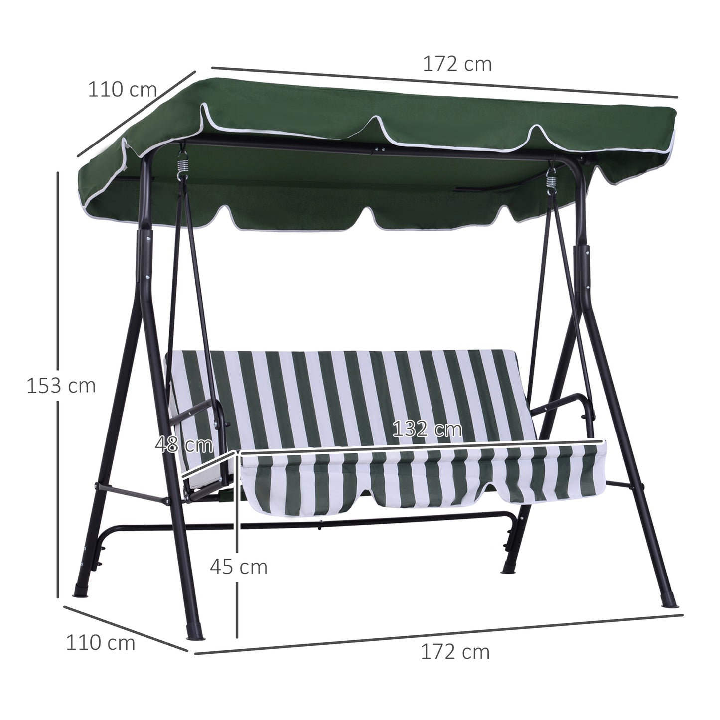 Outsunny Baloiço de Jardim de 3 Lugares com Almofada Toldo Ajustável e Estrutura de Aço para Balcão Terraço Patio Carga Máx. 200 kg 172x110x153 cm Verde