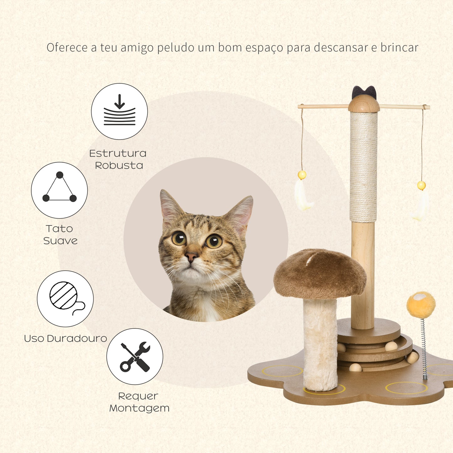 PawHut Arranhador para Gatos com Postes de Sisal em Forma de Cogumelo Brinquedo Suspenso Penas Pista de Bolas de Madeira e Bola com Mola 46x44x56,5cm Marrom e Bege