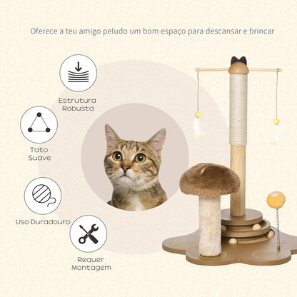 PawHut Arranhador para Gatos com Postes de Sisal em Forma de Cogumelo Brinquedo Suspenso Penas Pista de Bolas de Madeira e Bola com Mola 46x44x56,5cm Marrom e Bege