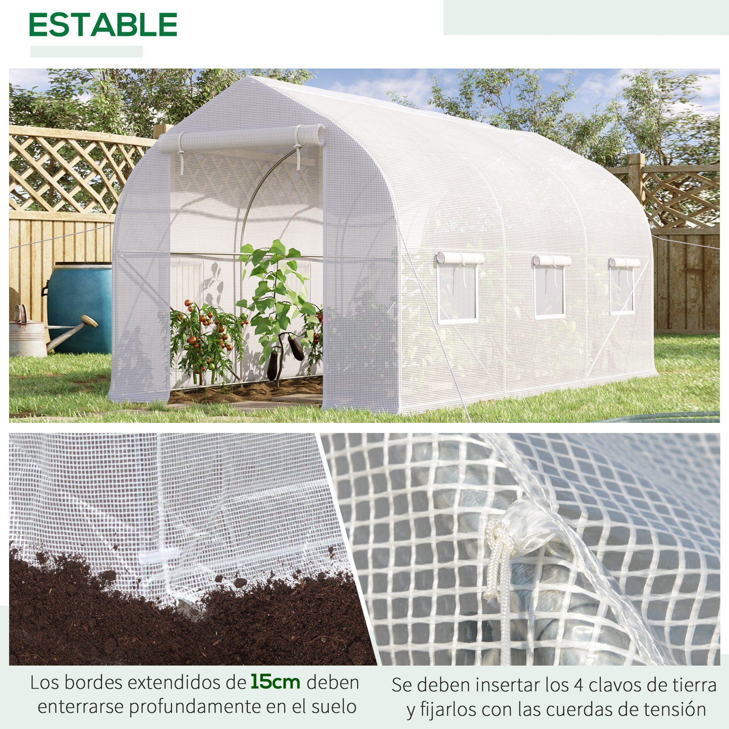 Outsunny Estufa Tipo Túnel 400x200x200cm Estufa de Jardim com 6 Janelas Transpiráveis e Portas Enrolável com Zíper para Cultivo de Plantas e Verduras Branco