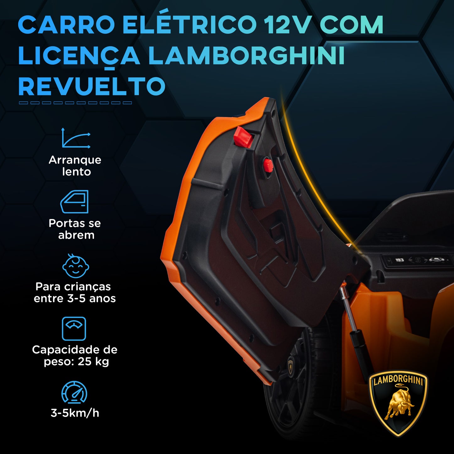 AIYAPLAY Carro Elétrico para Crianças acima de 3 Anos Carro Lamborghini Revuelto Carro Elétrico para Crianças com Bateria 12V Controlo Remoto Faróis LED Buzina Música e Rodas Auxiliares 105x60x40 cm Laranja