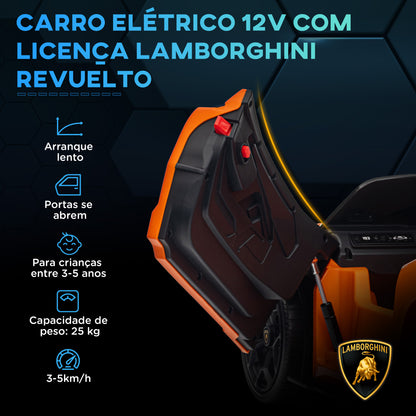 AIYAPLAY Carro Elétrico para Crianças acima de 3 Anos Carro Lamborghini Revuelto Carro Elétrico para Crianças com Bateria 12V Controlo Remoto Faróis LED Buzina Música e Rodas Auxiliares 105x60x40 cm Laranja