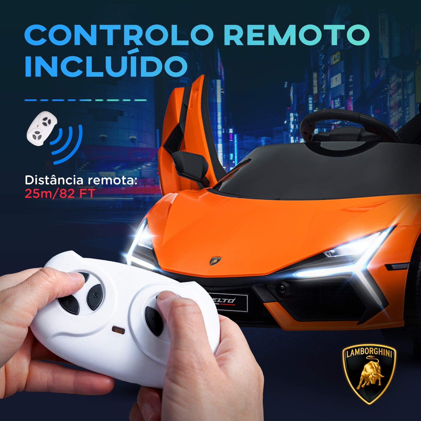 AIYAPLAY Carro Elétrico para Crianças acima de 3 Anos Carro Lamborghini Revuelto Carro Elétrico para Crianças com Bateria 12V Controlo Remoto Faróis LED Buzina Música e Rodas Auxiliares 105x60x40 cm Laranja