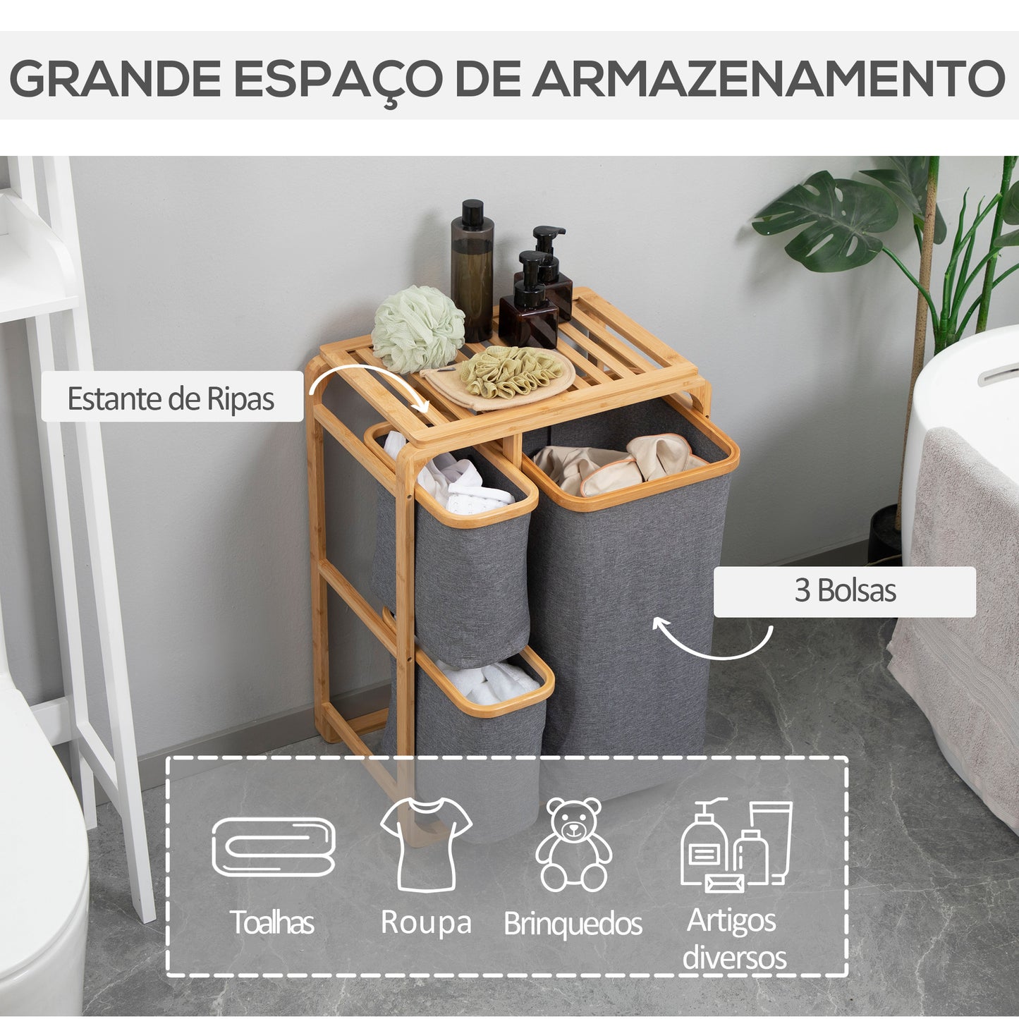 HOMCOM Cesto para Roupa Suja de Bambu Cesto de Roupa com 3 Bolsas de Tecido Amovíveis e Prateleira Aberta para Casa de Banho Dormitório 50x32x69,7cm Cinza e Madeira