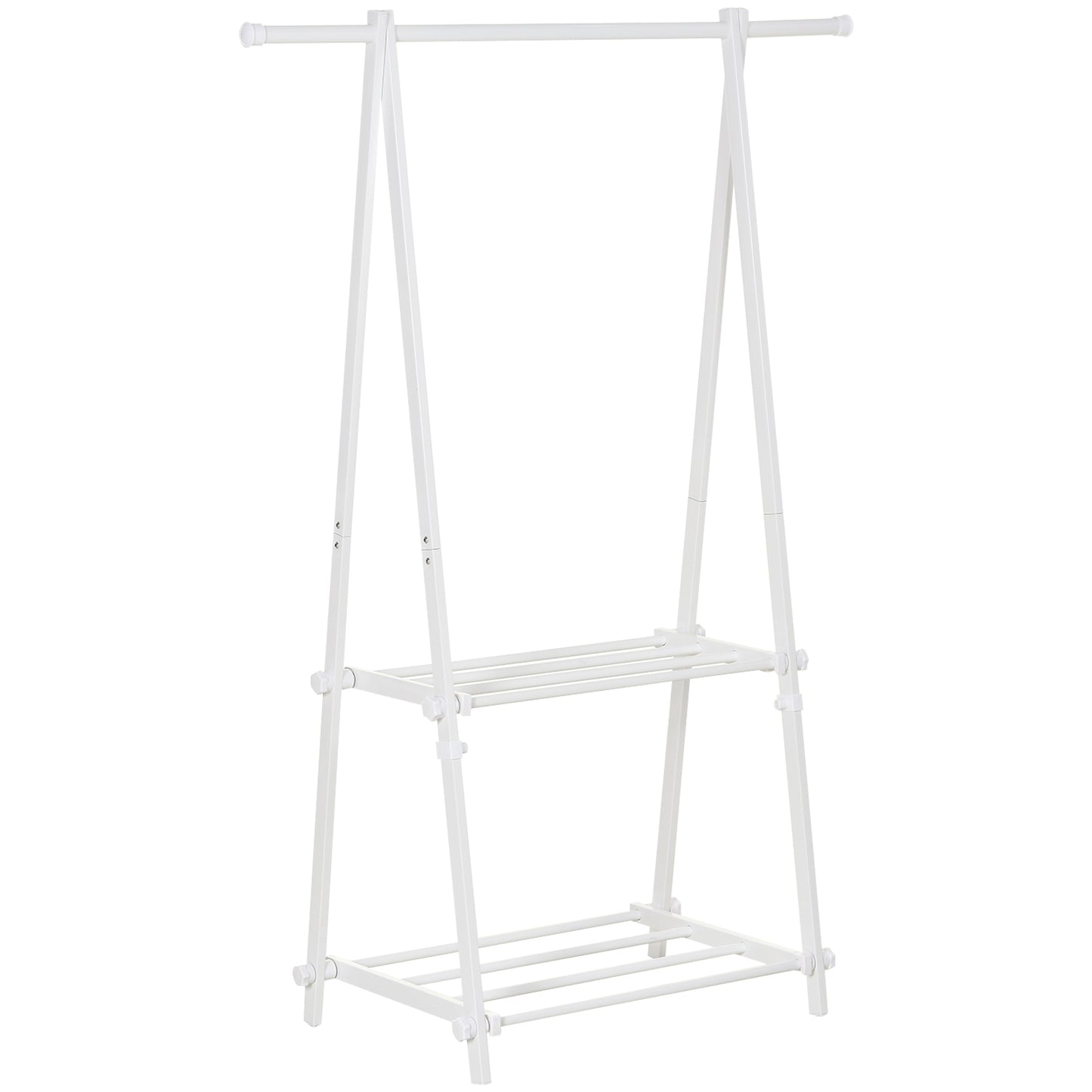 HOMCOM Suporte para Cabide Dobrável Suporte para Cabide com 2 Prateleiras e 1 Barras para Pendurar Roupas para Sala Quarto Entrada 107,5x45x150 cm Branco