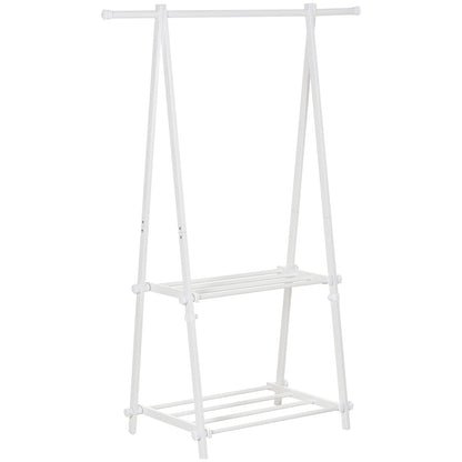 HOMCOM Suporte para Cabide Dobrável Suporte para Cabide com 2 Prateleiras e 1 Barras para Pendurar Roupas para Sala Quarto Entrada 107,5x45x150 cm Branco