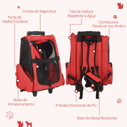 PawHut Transportadora 2 em 1 para Animais de Estimação Mochila ou Carrinho de Viagem para Cães e Gatos com 2 Rodas Alça Retrátil de Alumínio e Bolso de Armazenamento 42x25x55cm Vermelho