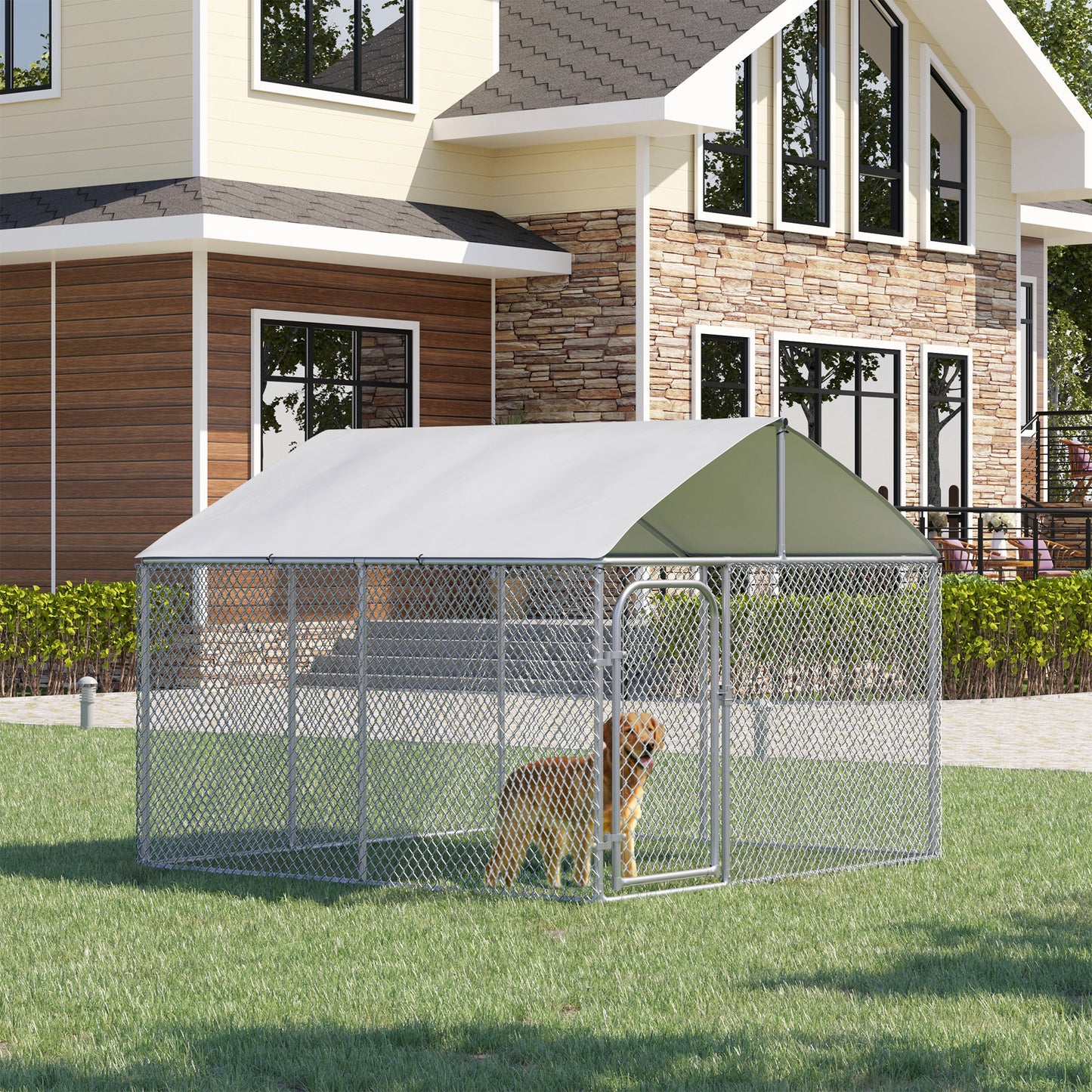 PawHut Canil de Exterior com Toldo Gaiola para Cães Animais de Estimação de Metal Galvanizado com Fechadura para Jardim Pátio 230x230x175cm Prata