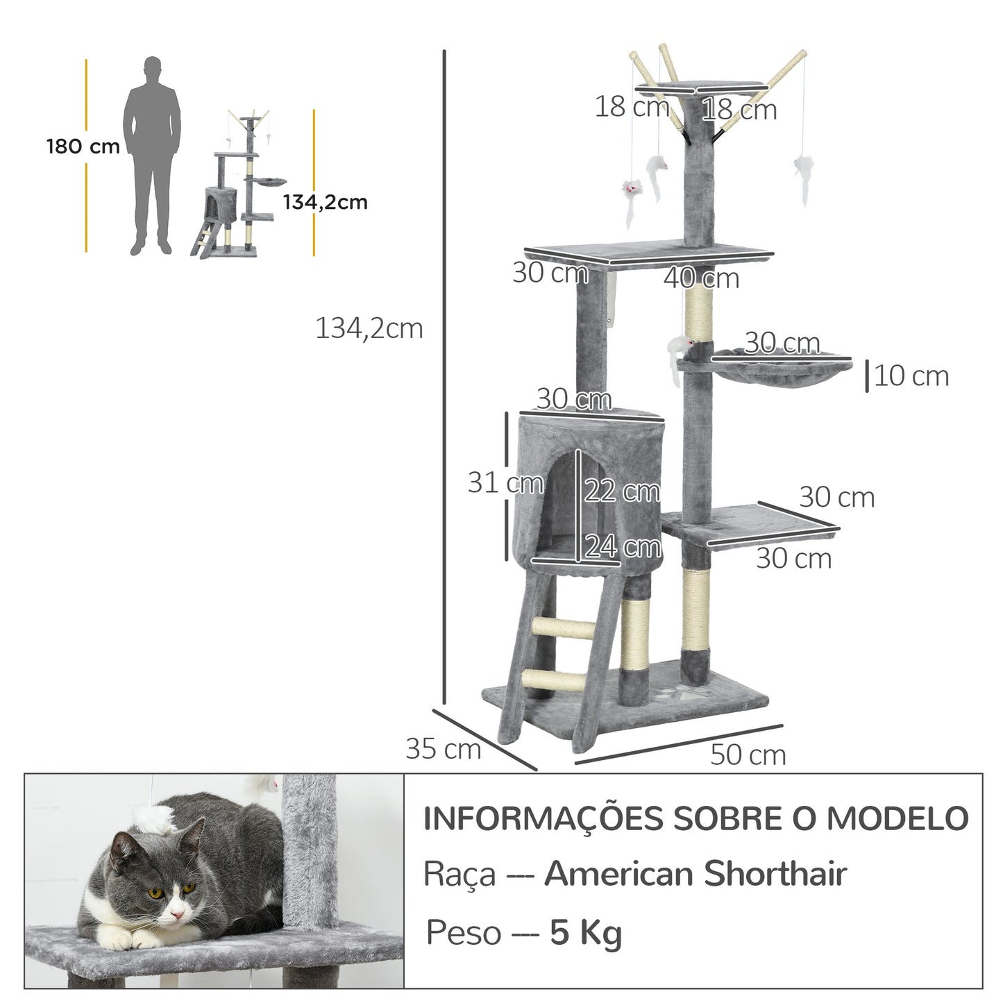 PawHut Arranhador para Gatos de 134,2 cm Torre para Gatos com Caverna Plataformas Rato de Brinquedo Rede e Postes de Sisal 50x35x134,2 cm Cinza