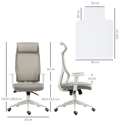 Vinsetto Conjunto de Escritório Inclui 1 Cadeira de Escritório Reclinável com Rodas e Altura Ajustável 64x61x120,9-128,9 cm e 1 Tapete Protetor de Chão 90x120 cm Cinza e Transparente