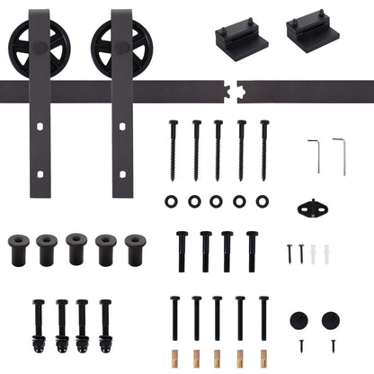 HOMCOM 67T/183cm Ferragens para Porta Corredeira Kit de Acessórios para Porta Corredeira de Madeira com Guia de Chão Trilho de Aço de Carbono Café Escuro