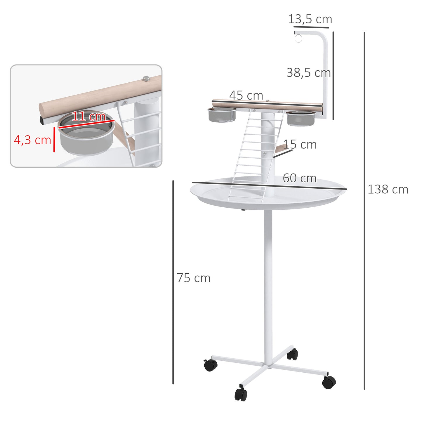 PawHut Comedouro para Pássaros de Exterior com Rodas Ø60x138 cm Comedouro para Pássaros em Pé com 2 Recipientes de Aço Inoxidável e 2 Poleiros para Jardim Terraço Branco