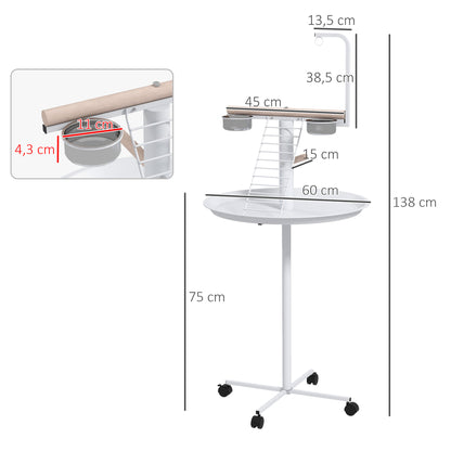 PawHut Comedouro para Pássaros de Exterior com Rodas Ø60x138 cm Comedouro para Pássaros em Pé com 2 Recipientes de Aço Inoxidável e 2 Poleiros para Jardim Terraço Branco