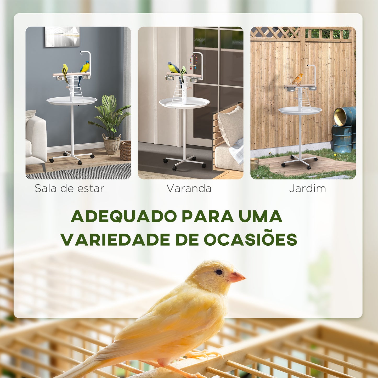 PawHut Comedouro para Pássaros de Exterior com Rodas Ø60x138 cm Comedouro para Pássaros em Pé com 2 Recipientes de Aço Inoxidável e 2 Poleiros para Jardim Terraço Branco