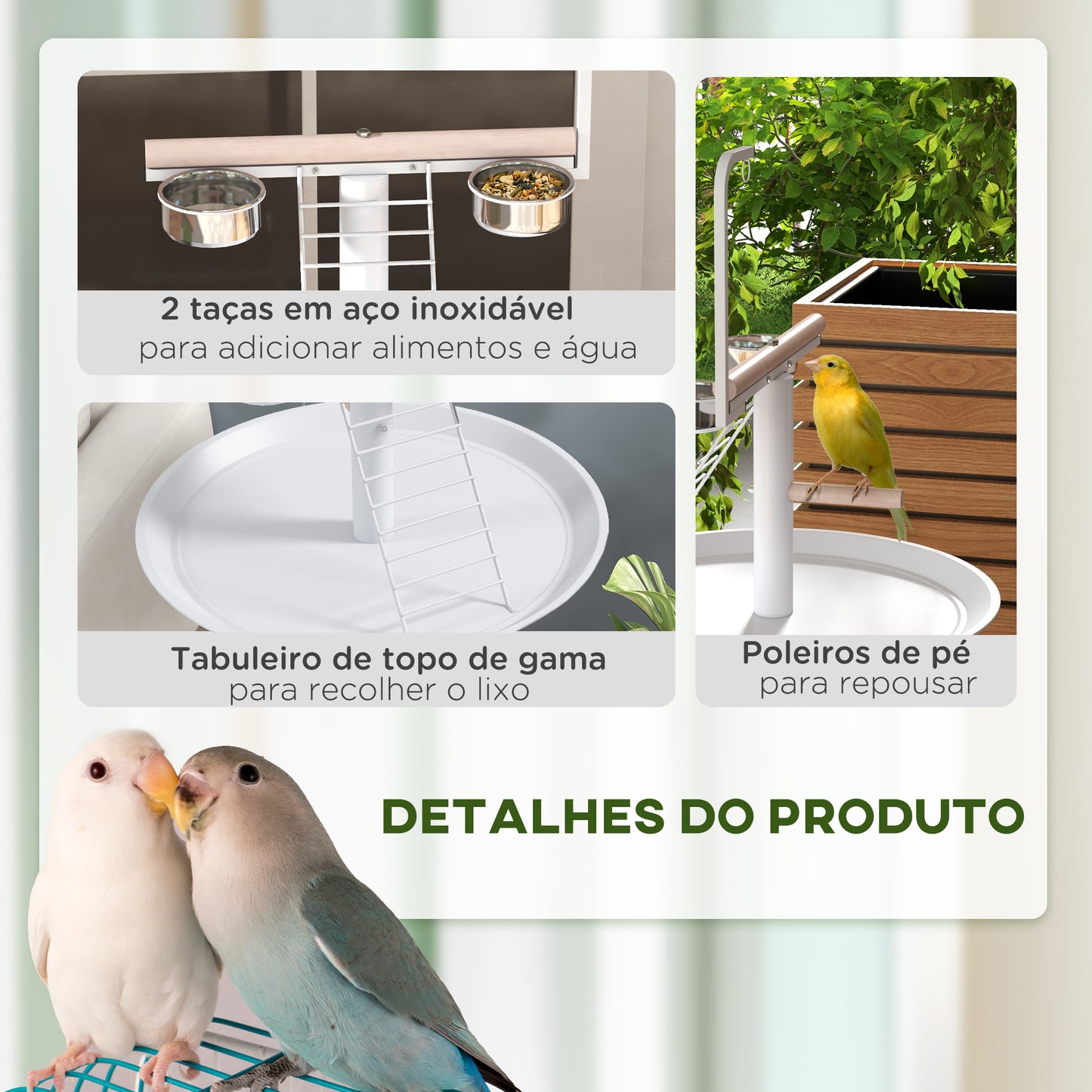 PawHut Comedouro para Pássaros de Exterior com Rodas Ø60x138 cm Comedouro para Pássaros em Pé com 2 Recipientes de Aço Inoxidável e 2 Poleiros para Jardim Terraço Branco