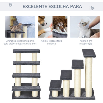 PawHut Escada para animais de estimação escada para gatos cães cobertura macia de pelucia Raspador de Sisal Estável 4 Passos 60x42x61 cm Cinzento