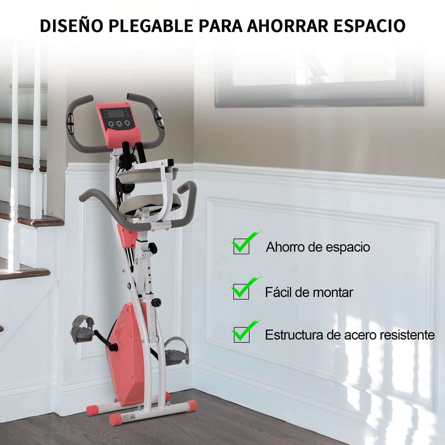 HOMCOM Bicicleta Estática Dobrável com Altura e Resistência Ajustáveis com Tela LCD e Assento com Encosto 51x97x115 cm Rosa