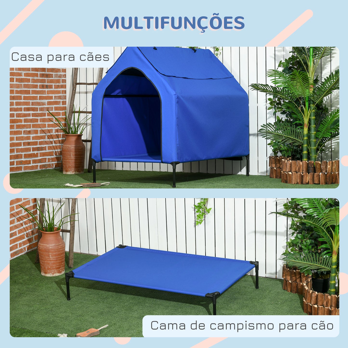 PawHut Casa para Cães 130x85x121 cm Cama Elevada para Animais de Estimação com Cobertura Desmontável e Janela de Malha para Cães Grandes e Extra Grandes Azul