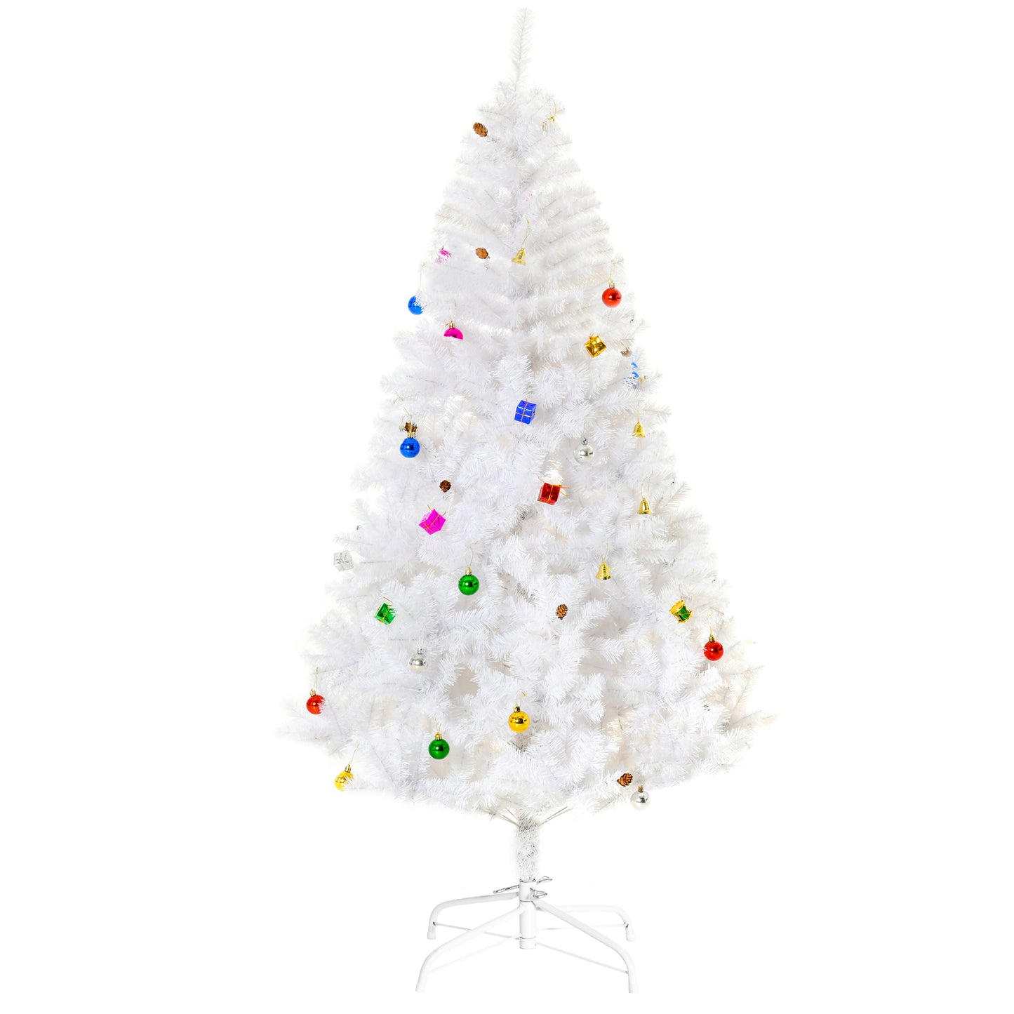 HOMCOM Árvore de Natal Artificial 180cm com 930 Ramos de PVC 48 Decorações Incluidas Suporte Metálico Decoração de Natal para Interiores Ø105x180cm Branco