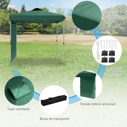 Outsunny Tenda Dobrável 2,5x2,5 m Altura Ajustável Tenda de Jardim com 1 Parede Lateral Teto com Ventilação e Bolsa de Transporte para Acampamento Festas Verde