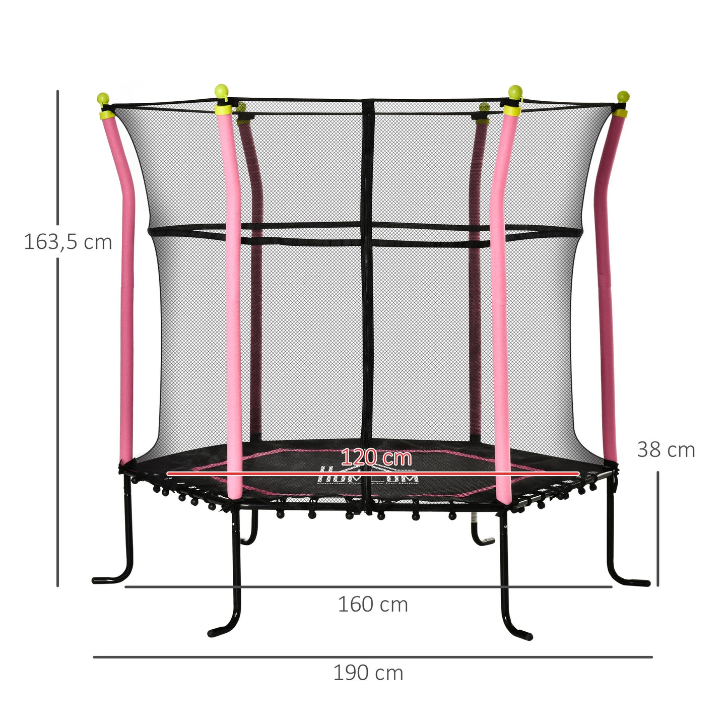 Trampolim para Crianças acima de 3 Anos Cama Elástica Infantil com Rede de Segurança e Estrutura de Aço para Interiores e Exteriores Carga 60kg Ø161x163 cm Rosa