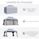 Outsunny Pérgola de Jardim 4x3m Pérgola de Alumínio com Teto de Ventilação 4 Cortinas Laterais Tela Mosquiteira e 8 Orifícios de Drenagem para Exterior Pátio Festas Cinza