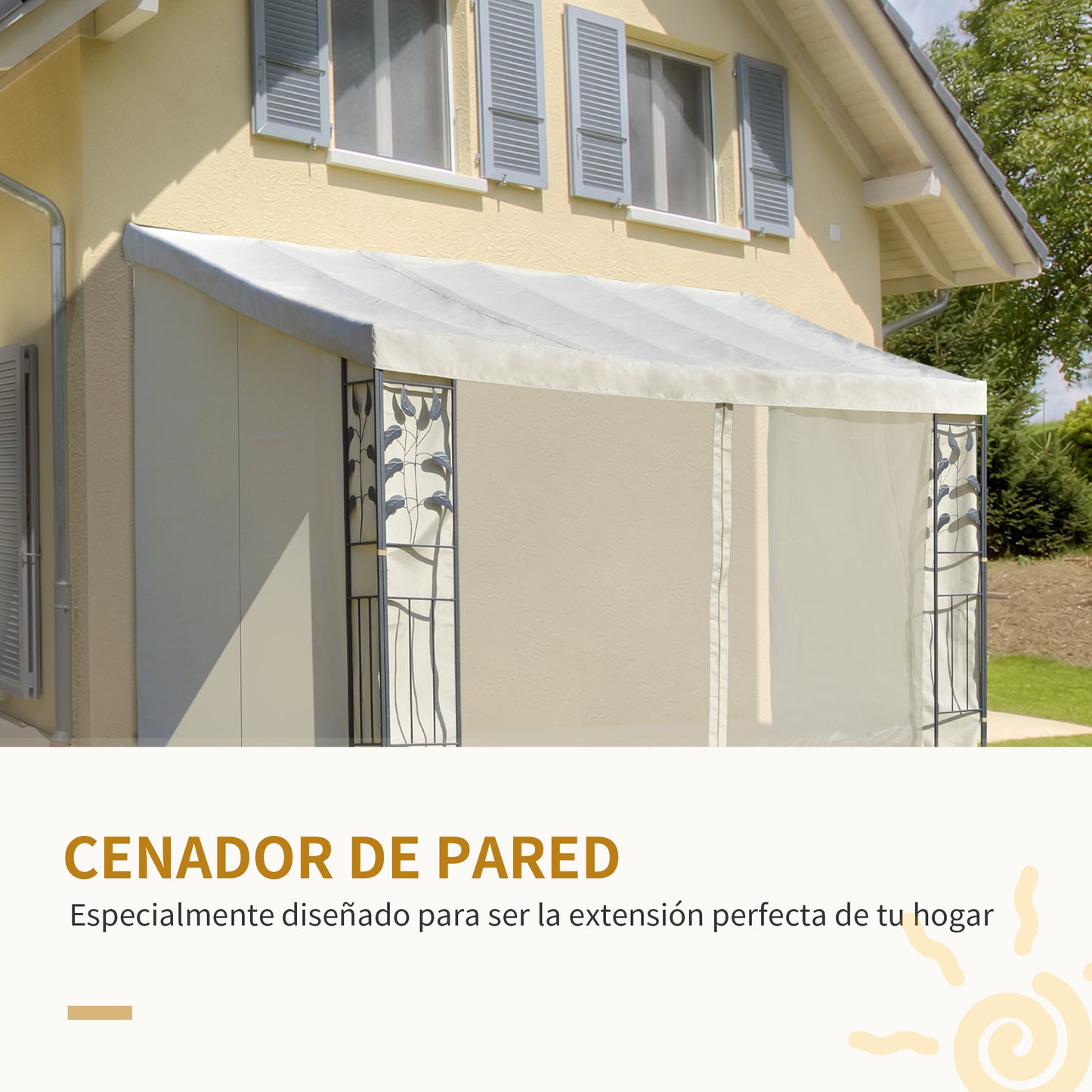 Outsunny Gazebo 4x3m montado na parede com cortinas laterais Malha com zíper 4 orifícios de drenagem exterior Bege