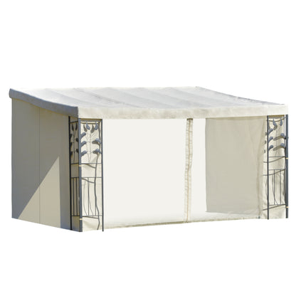 Outsunny Gazebo 4x3m montado na parede com cortinas laterais Malha com zíper 4 orifícios de drenagem exterior Bege