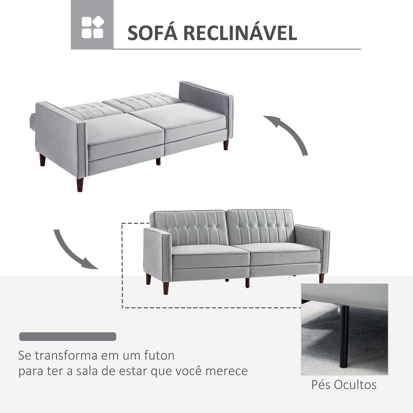 Sofá de 2 Lugares Convertível em Cama de Estofado Aveludado com Encosto Ajustável e Pés de Madeira para Sala de Estar Escritório 189x80,5x78,5 cm Cinza Claro