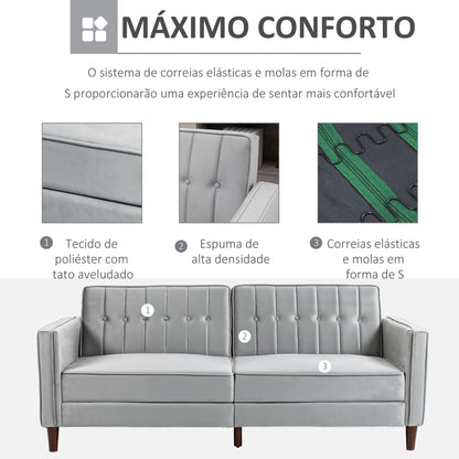 Sofá de 2 Lugares Convertível em Cama de Estofado Aveludado com Encosto Ajustável e Pés de Madeira para Sala de Estar Escritório 189x80,5x78,5 cm Cinza Claro