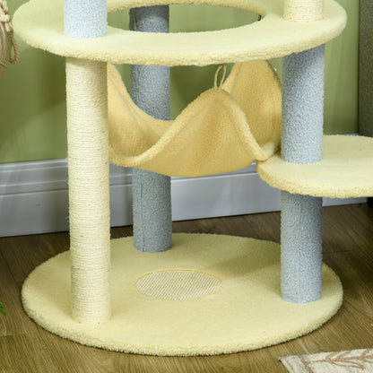 PawHut Arranhador para Gatos Médio 110 cm Torre para Gatos Centro de Atividades para Gatos com Rede Poste de Sisal e Bola Suspensa Ø58x110 cm Amarelo e Azul