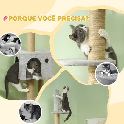 PawHut Arranhador para Gatos do Chão ao Teto de 225-265 cm Arranhador para Gatos com Altura Ajustável Múltiplas Plataformas Escada Bola Suspensa Cinza Claro