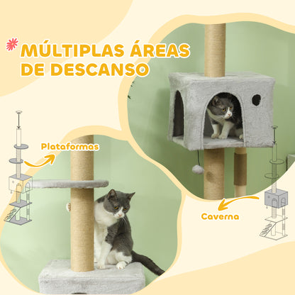 PawHut Arranhador para Gatos do Chão ao Teto de 225-265 cm Arranhador para Gatos com Altura Ajustável Múltiplas Plataformas Escada Bola Suspensa Cinza Claro