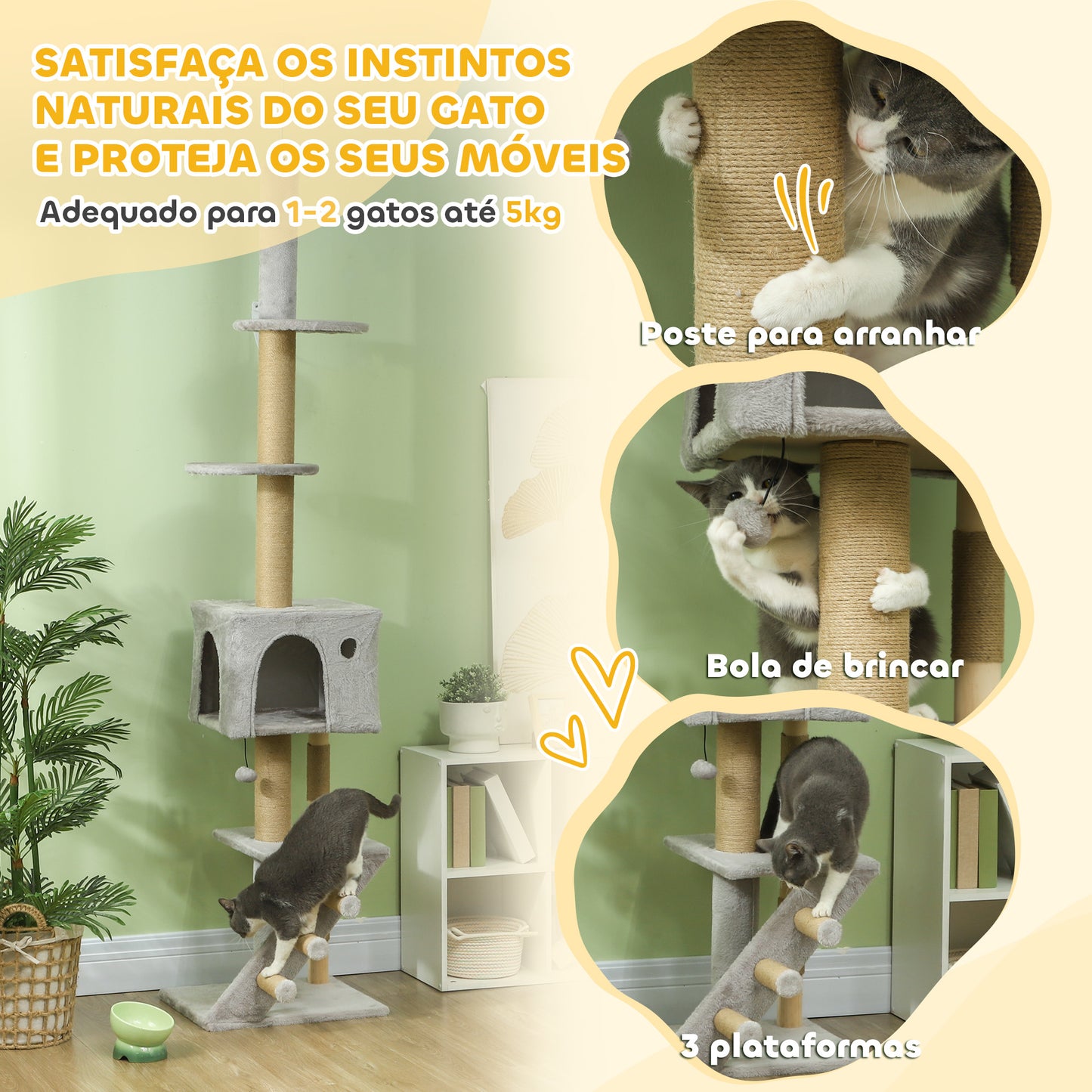 PawHut Arranhador para Gatos do Chão ao Teto de 225-265 cm Arranhador para Gatos com Altura Ajustável Múltiplas Plataformas Escada Bola Suspensa Cinza Claro