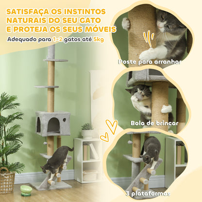 PawHut Arranhador para Gatos do Chão ao Teto de 225-265 cm Arranhador para Gatos com Altura Ajustável Múltiplas Plataformas Escada Bola Suspensa Cinza Claro