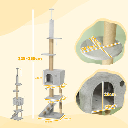 PawHut Arranhador para Gatos do Chão ao Teto de 225-265 cm Arranhador para Gatos com Altura Ajustável Múltiplas Plataformas Escada Bola Suspensa Cinza Claro