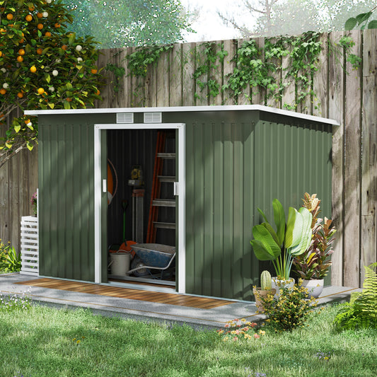 Outsunny Abrigo de Jardim 280x130x172cm Abrigo de Exterior de Aço Galvanizado com Porta Corredeira e Ventilações para Armazenamento de Ferramentas Verde Claro