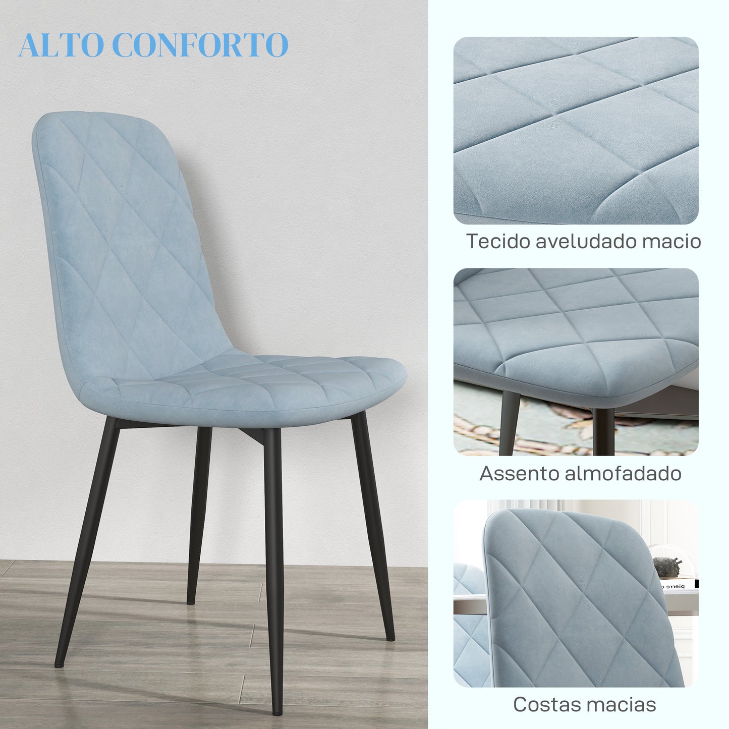 HOMCOM Conjunto de 4 Cadeiras de Jantar Modernas Cadeiras de Cozinha Estofadas em Veludo com Pés de Aço para Sala de Estar 45x54x87 cm Azul Claro