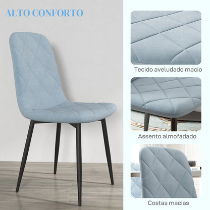 HOMCOM Conjunto de 4 Cadeiras de Jantar Modernas Cadeiras de Cozinha Estofadas em Veludo com Pés de Aço para Sala de Estar 45x54x87 cm Azul Claro