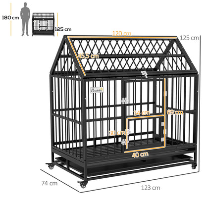 PawHut Gaiola para Cães Grandes 123x74x125 cm Canil Metálico com Rodas Bandeja Removível Trancas 2 Portas Frontais 1 Porta no Teto e Estrutura de Aço Preto