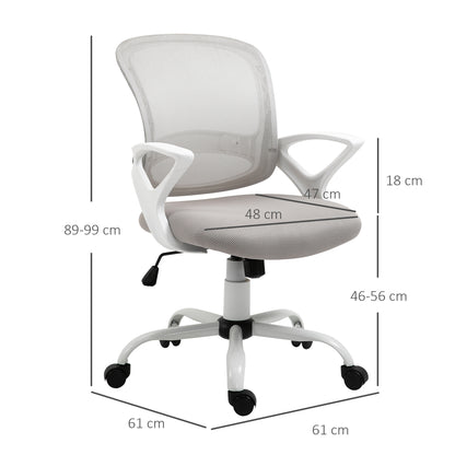 Vinsetto Cadeira de Oficina Ergonômica Cadeira de Escritório Basculante com Altura Ajustável Assento Giratório 360° Suporte Lombar e Malha Transpirável 61x61x89-99cm Cinza e Branco