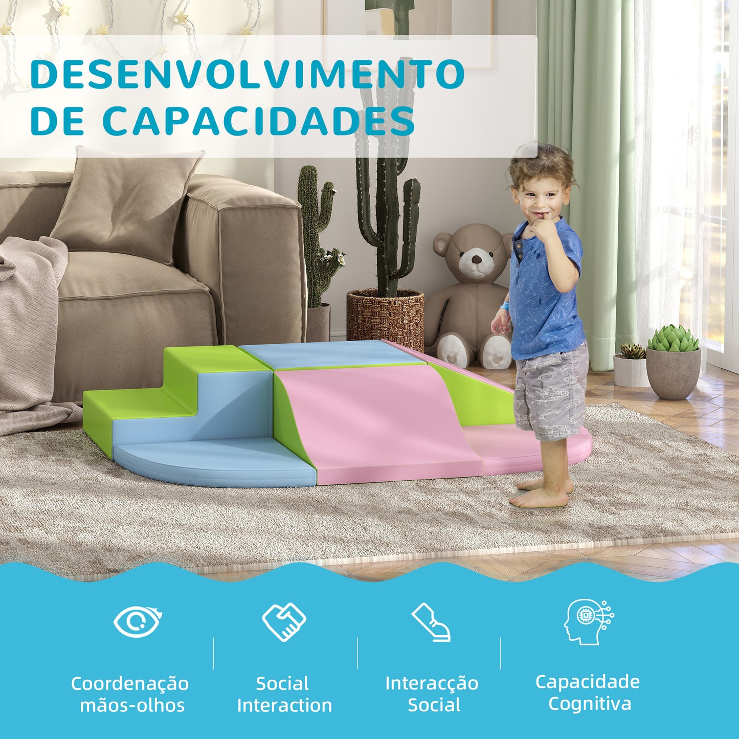 HOMCOM Conjunto de 6 Blocos de Espuma para Crianças de 18-36 Meses Brinquedo Educativo de Construção Infantil para Escalar 150x100x24 cm Multicor