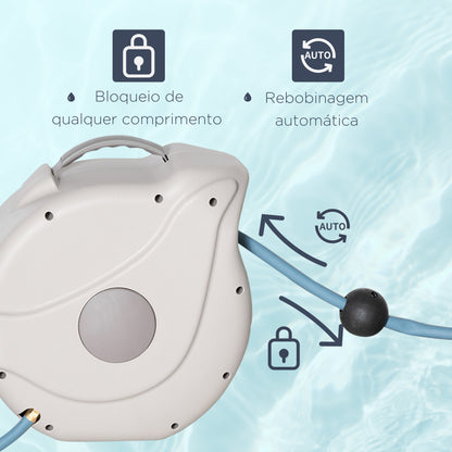Outsunny Enrolador de Mangueira de Jardim 15,1M+1,5M Mangueira de Rega Montada na Parede Enrolador Automático com 9 Modos de Pulverização 180° Giratório 42,5x20x38cm Cinza