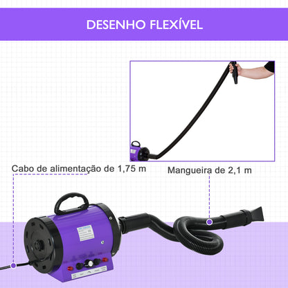 PawHut Secado de Pelo para Cães 2800W Secador de Pelo para Animais de Estimação com Temperatura e Velocidade Ajustável 3 Bicos Tubo Flexível 2,1m e Alça de Transporte 40x16x20cm Roxo